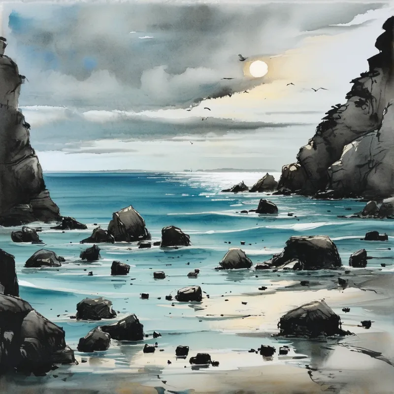 Painted shoreline stones rise from blue water beneath a pale sun and clouded sky.