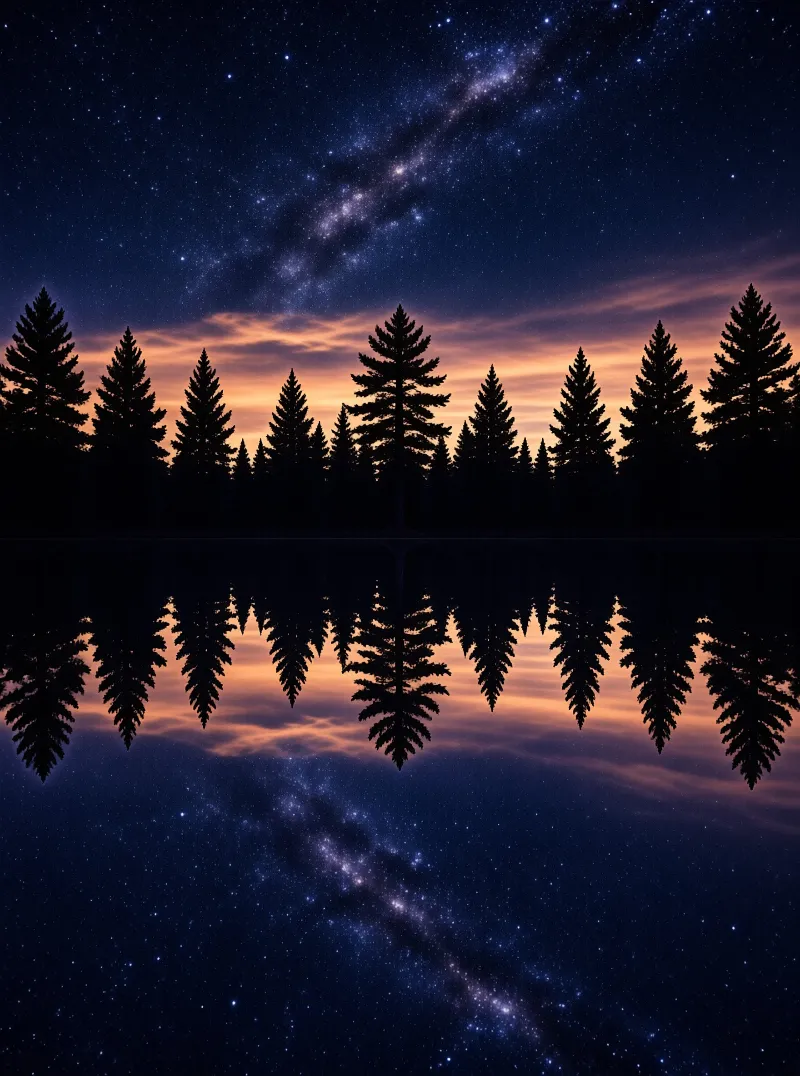 A row of dark coniferous trees stands against an orange horizon while the Milky Way stretches across the deep blue sky above them creating a perfect symmetrical reflection on the still water below.