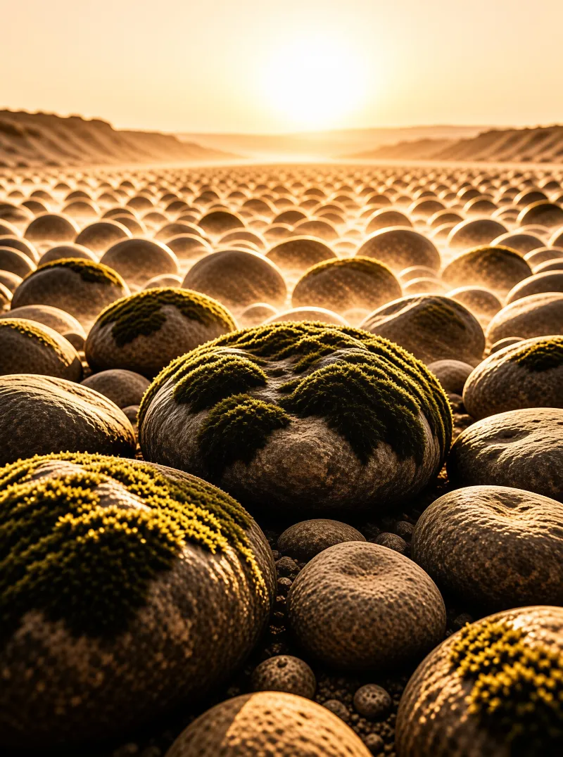 Smooth rounded rocks with patches of green moss scattered across a barren landscape under warm sunset lighting.