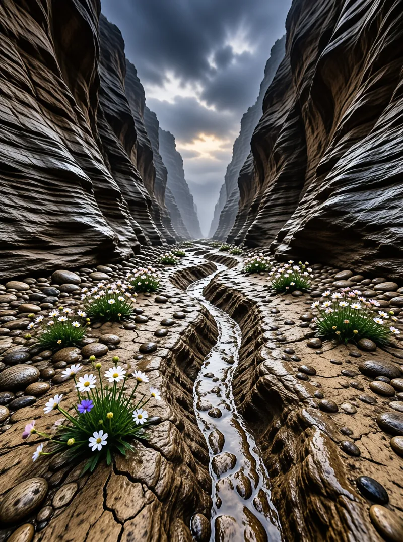 A clear stream winds between tall layered rock walls dotted with small white daisies under a cloudy sky.