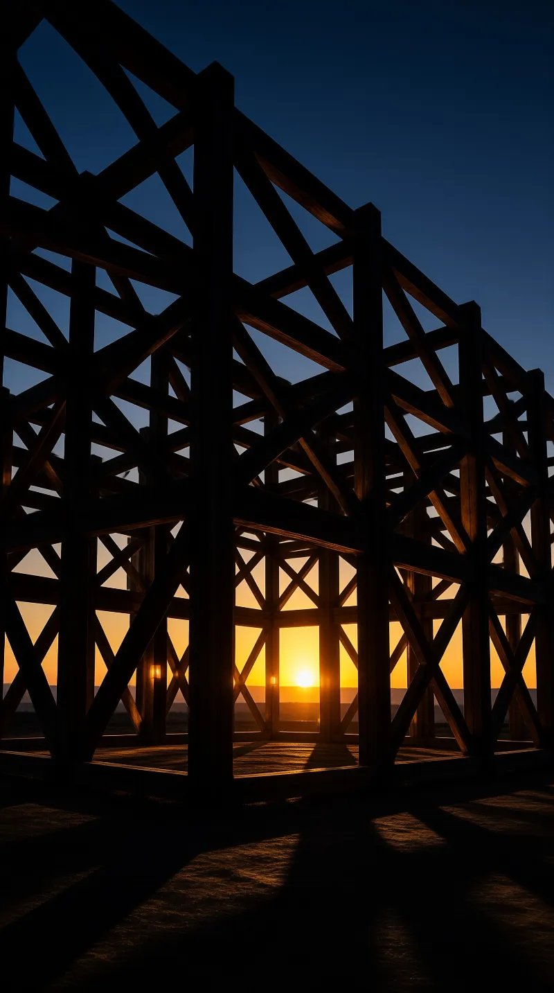 Sunlight glows through the geometric wooden framework as dusk deepens the sky above.