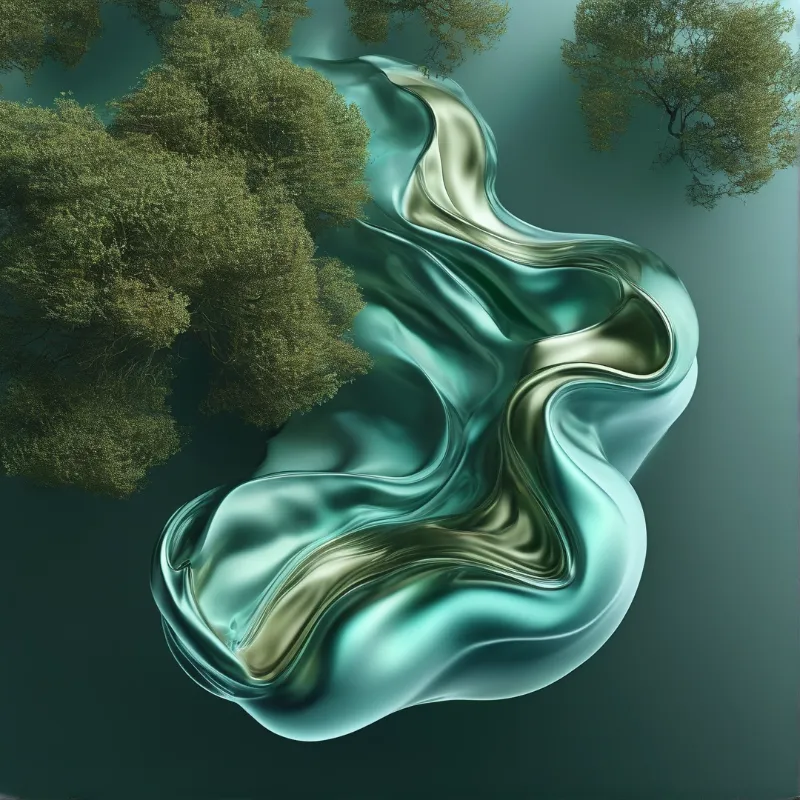 A glossy turquoise fluid shape winds through a surreal environment filled with green foliage.