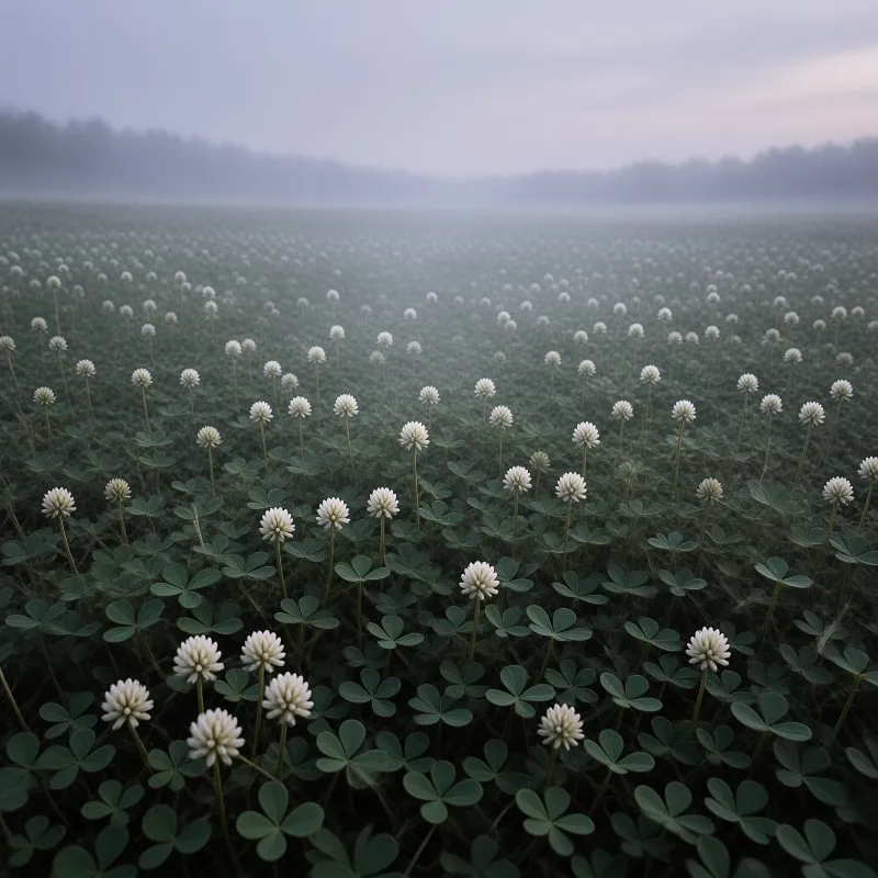 White clover blossoms rise from dark green foliage in the foreground while thick fog blankets the horizon and obscures a distant forest under a twilight sky.