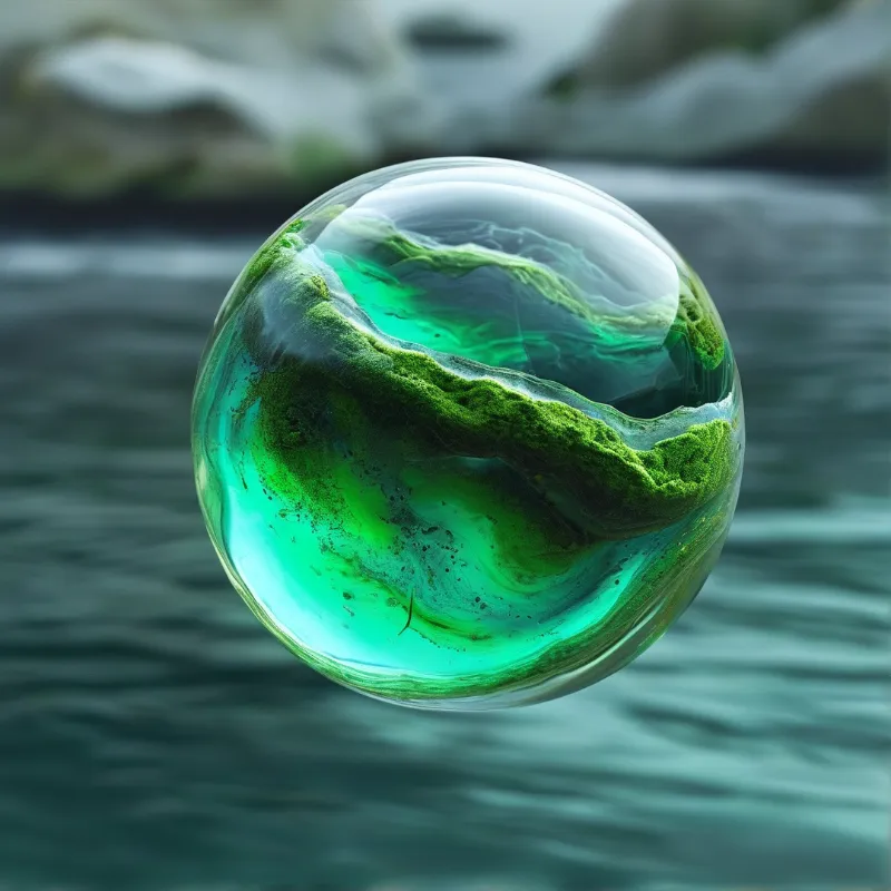 A clear glass ball filled with green moss and swirling water floats above a blurred river.