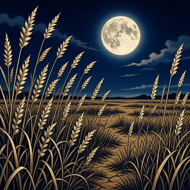 Tall golden wheat ears stand in the foreground under a deep blue night sky dominated by a large bright full moon.