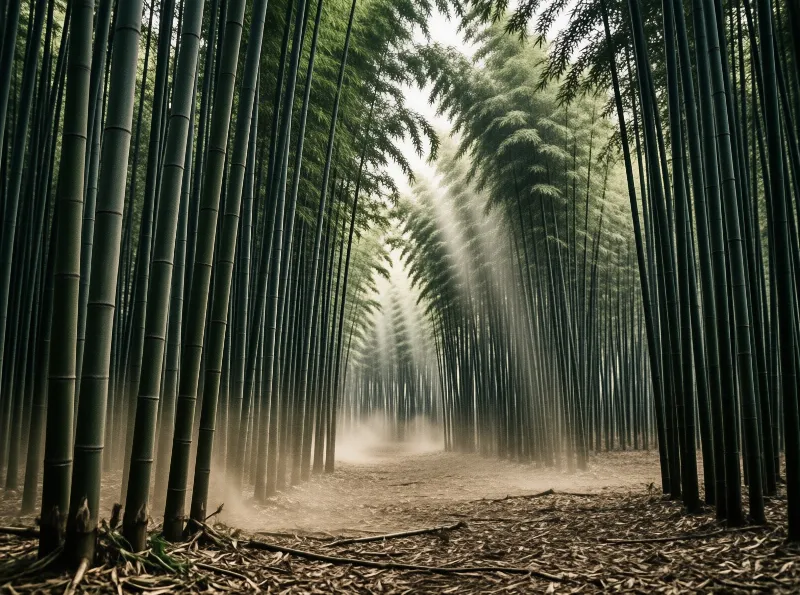 Dense bamboo stalks line a path where sunbeams cut through the foggy air.