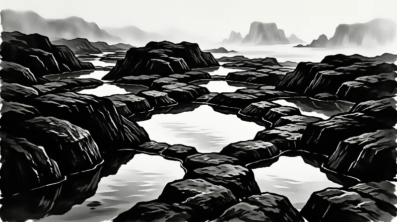 A monochrome landscape showing dark jagged rocks emerging from calm water with distant mountains fading into fog.