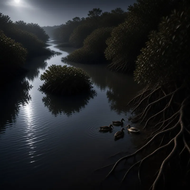 A group of four ducks swims calmly on the dark surface of a winding waterway flanked by dense mangrove vegetation and exposed root systems under a faint moonlight.