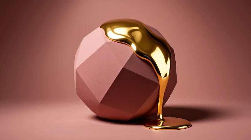 A matte pink faceted sphere sits on a matching surface while shiny gold liquid slowly drips from its top and pools below.