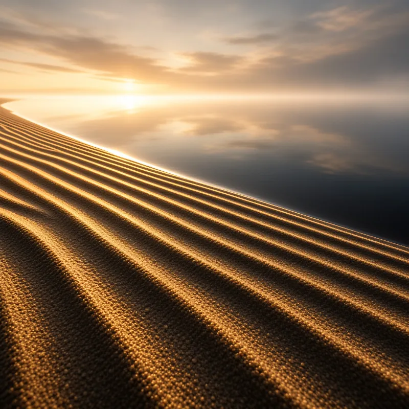 Golden light highlights the ripples of a large sand dune rising toward the ocean horizon.