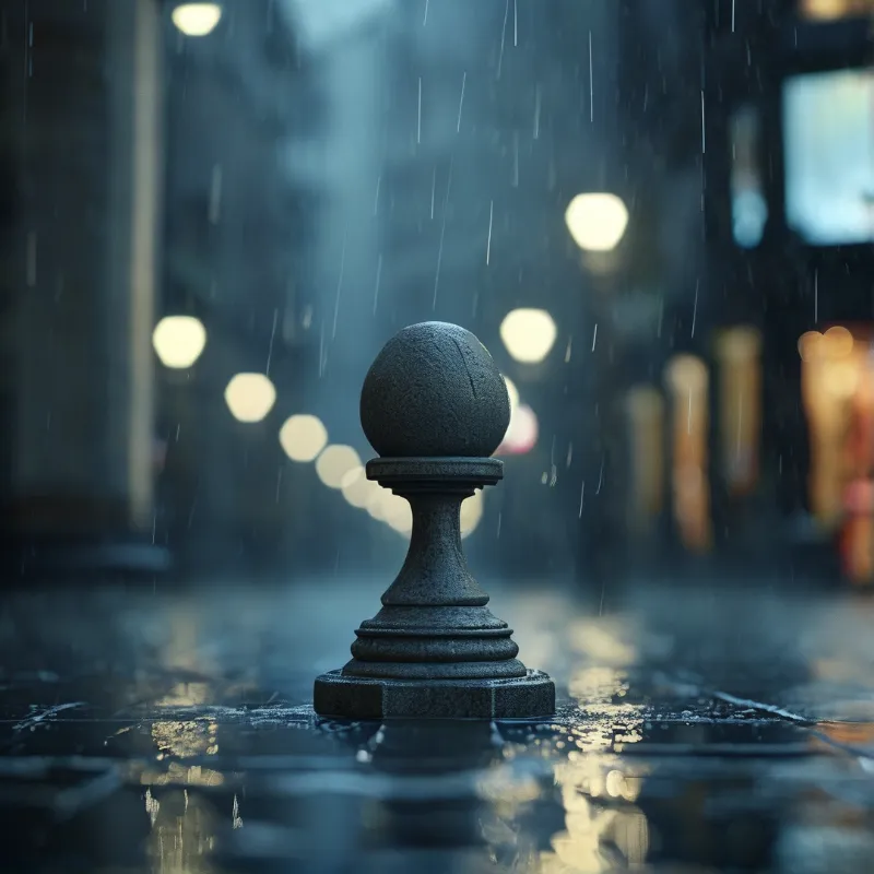A weathered stone pillar top stands on rain slicked pavement while blurred streetlights glow in the misty background.