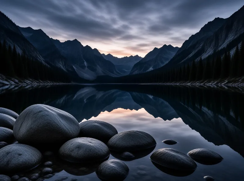 Smooth dark boulders rest in still water that reflects jagged mountains beneath a soft pink evening sky