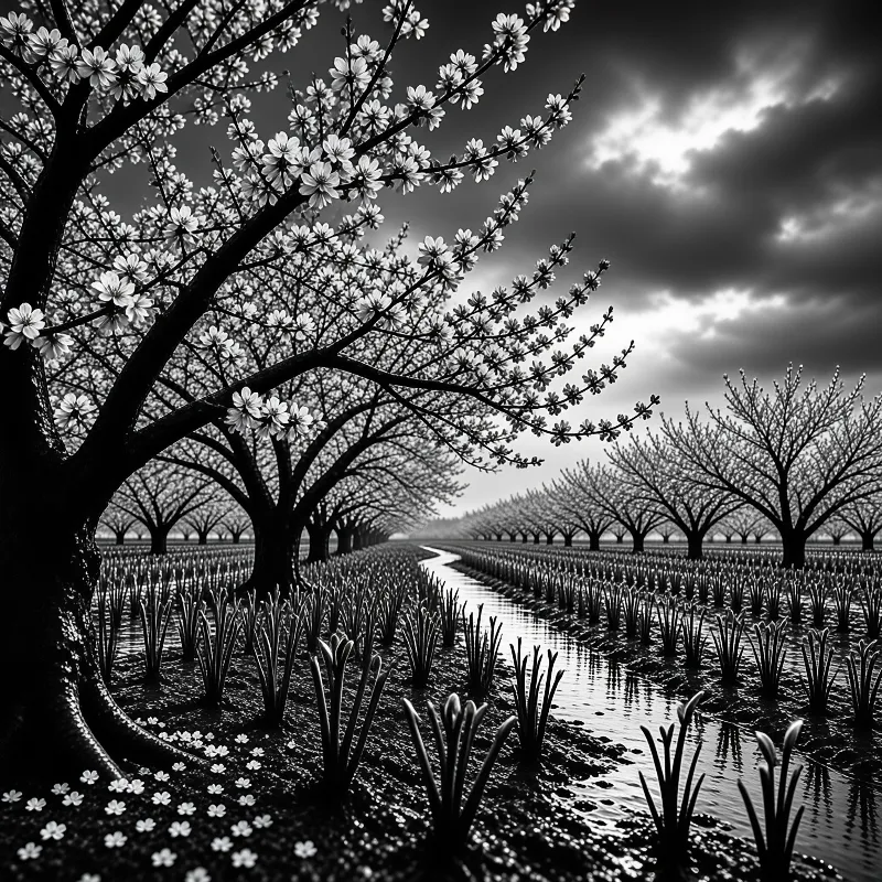 Black and white view of blooming orchard trees lining a narrow water channel under a dramatic cloudy sky.