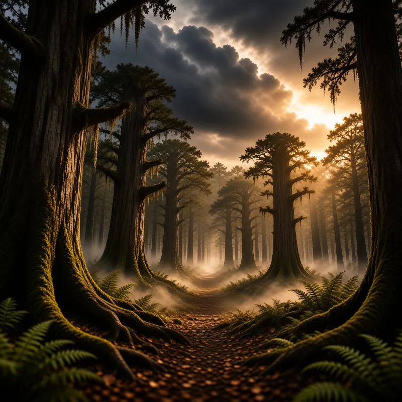 Towering redwood trunks frame a dirt path winding through fog under a dramatic sunset sky.