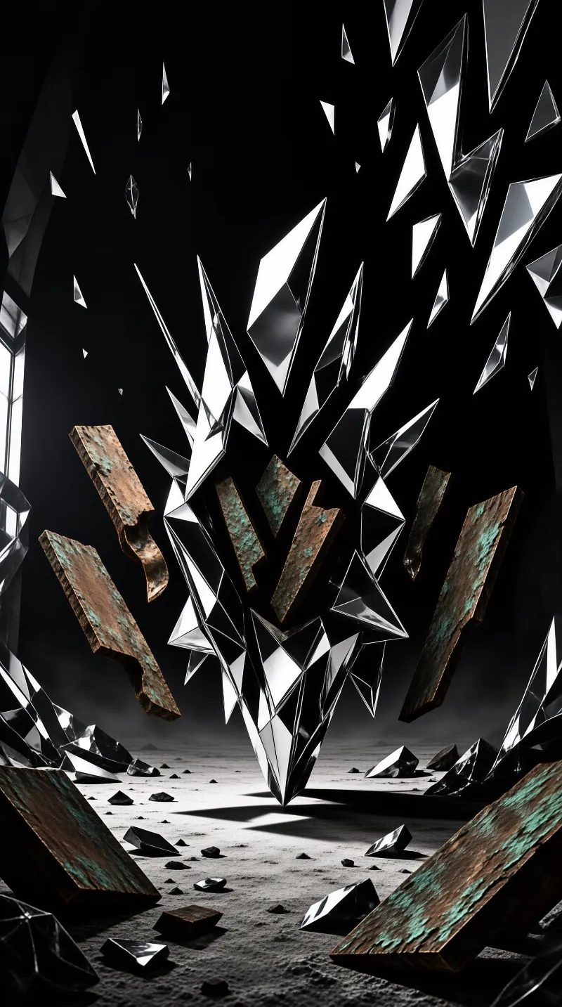 Sharp black and white crystal shards and rusted copper plates hover above a gray dusty ground in darkness.