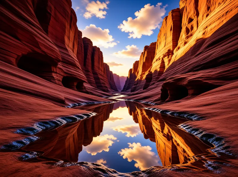 A deep red canyon is filled with still water that mirrors the blue sky and white clouds above the towering rock walls.