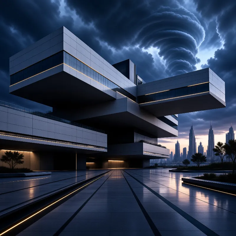 A white building with glowing edges stands against a dark sky featuring a large swirling cloud formation.
