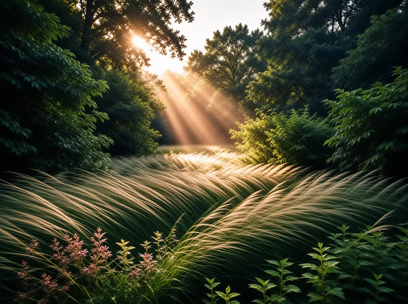 Silky flowing grass sweeps across a forest clearing while warm light rays pour through the dark canopy.