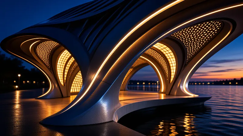 A futuristic sculpted shelter sits by a calm lake at blue hour, its edges lit with warm golden light reflecting on the rippling water.