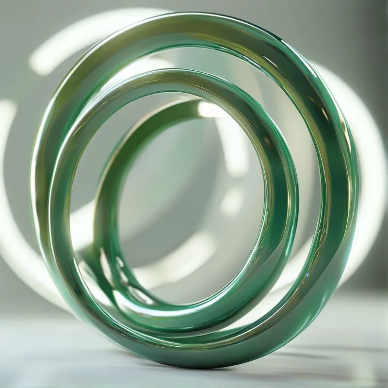 Translucent green glass rings rest against a blurred background featuring soft circular light patterns