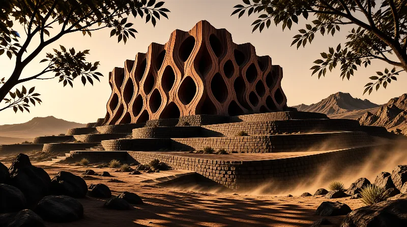 A massive undulating wooden structure with hexagonal voids rises from tiered terraces in a warm desert landscape at sunset.