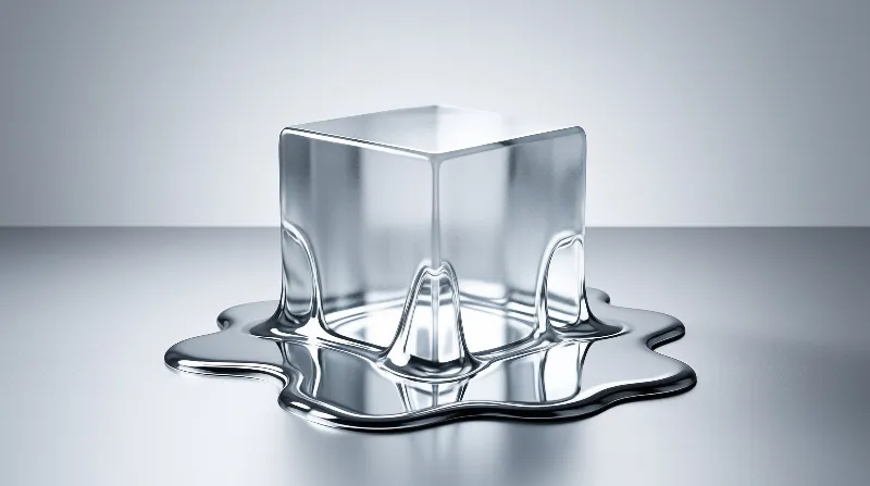 A clear glass-like cube is melting into a reflective pool on a neutral gray background under soft diffuse lighting.