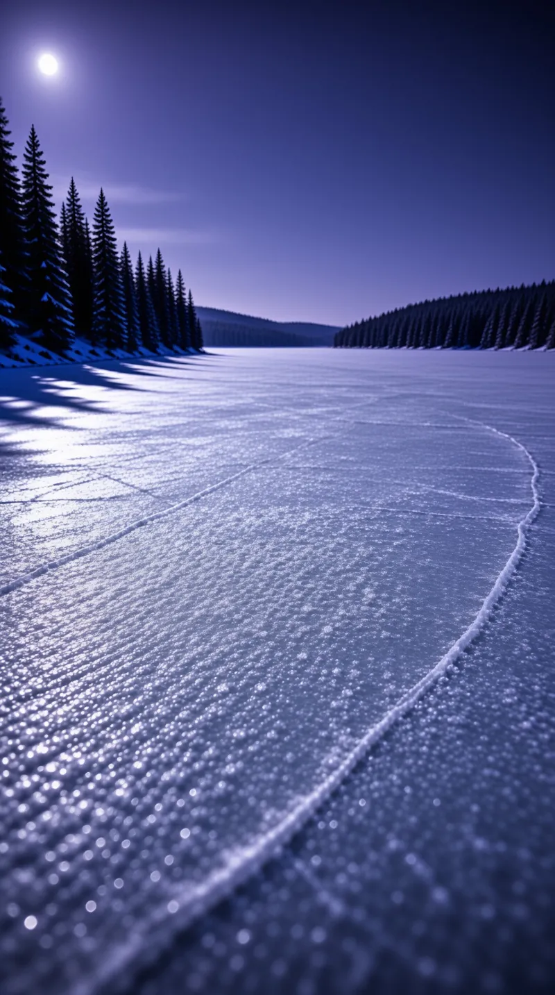 A wide view of a frozen lake surface covered in sparkling frost, flanked by dark evergreen trees under a bright full moon.