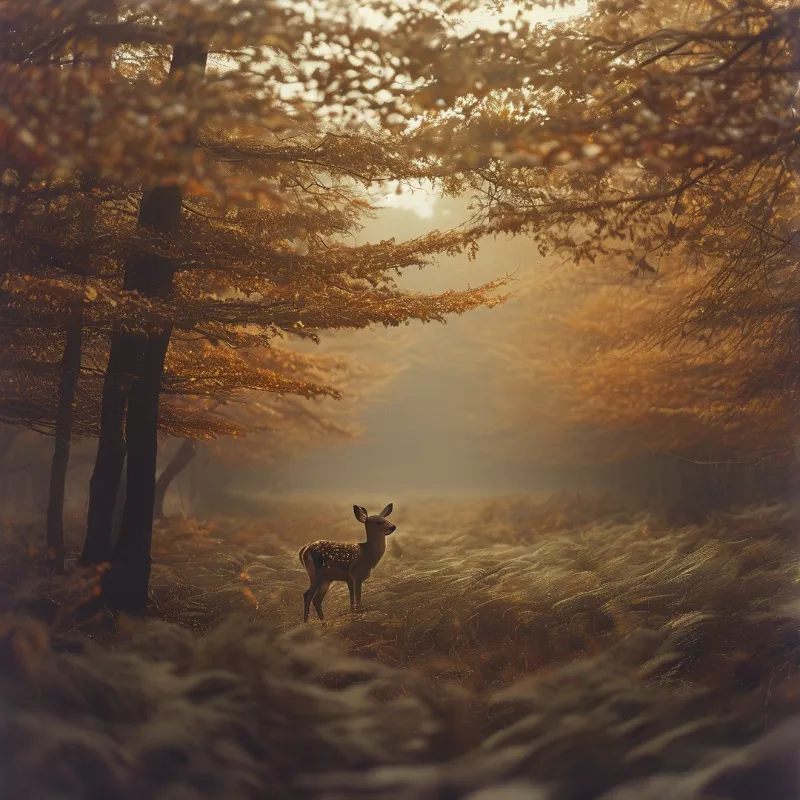 A young spotted deer stands alert in a misty forest clearing bathed in warm golden sunlight filtering through the trees.