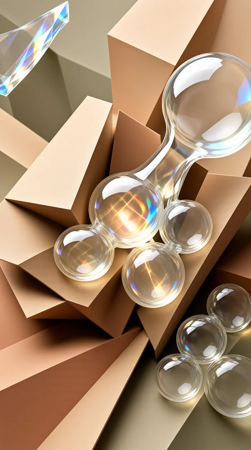 Transparent glass spheres refract light while resting among smooth beige geometric blocks.