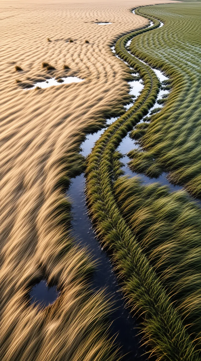 A curving waterway separates tan vegetation from lush greenery under warm sunlight.