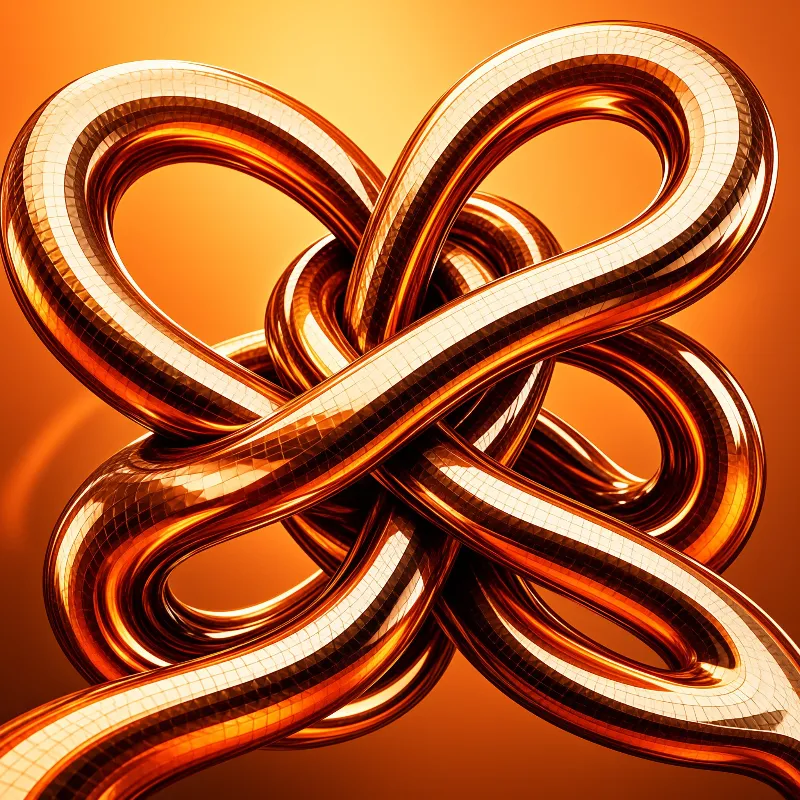 Faceted translucent ribbons loop and cross through themselves against a warm glowing orange gradient