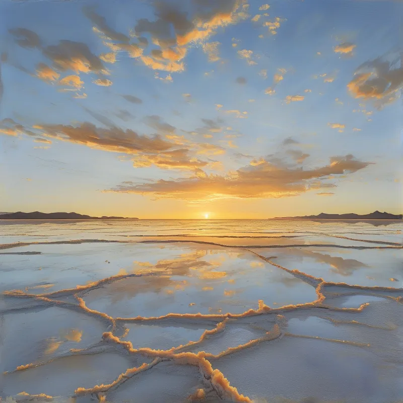 Interconnected channels of water on a salt flat reflect the orange and blue hues of a setting sun.