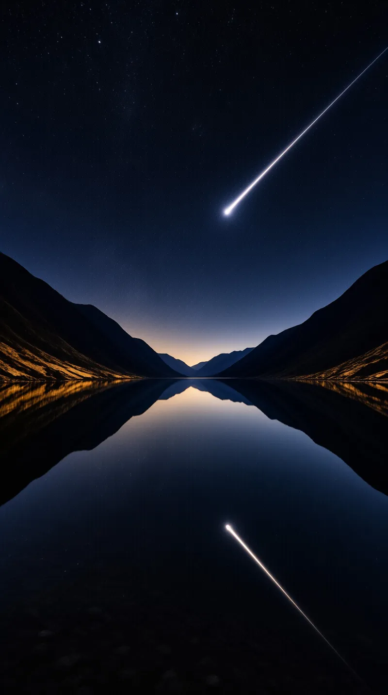 Bright meteor crosses starry dark sky over mountains, reflection mirrored in still lake, amber light at horizon.