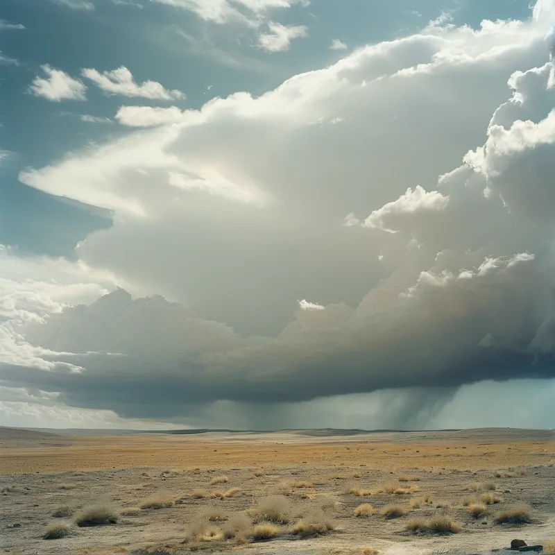 Heavy cumulus clouds dominate the upper portion with sunlight breaking through on the left while rain shafts descend onto the brown tundra below which is scattered with small clumps of dry vegetation across the wide horizon.
