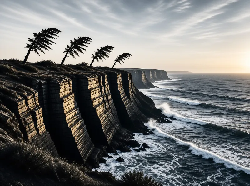 Four leaning trees stand atop stratified cliffs as waves crash below during the golden hour light.