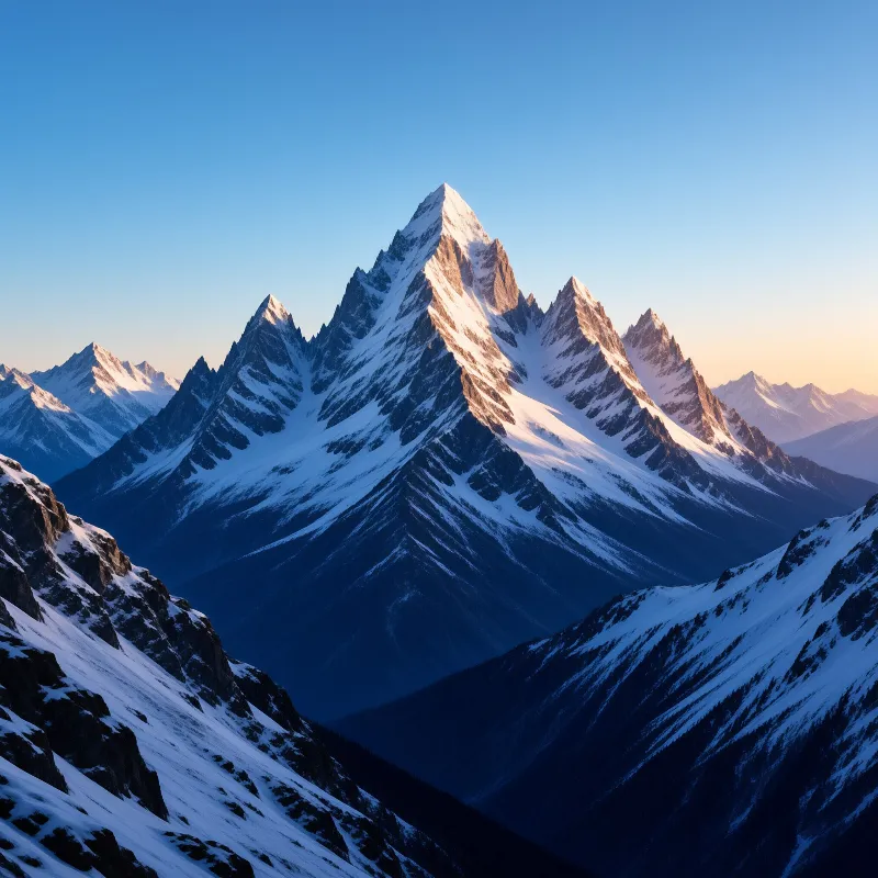 Jagged snow covered mountains with peaks illuminated by warm golden sunlight while valleys remain in deep blue shadow.