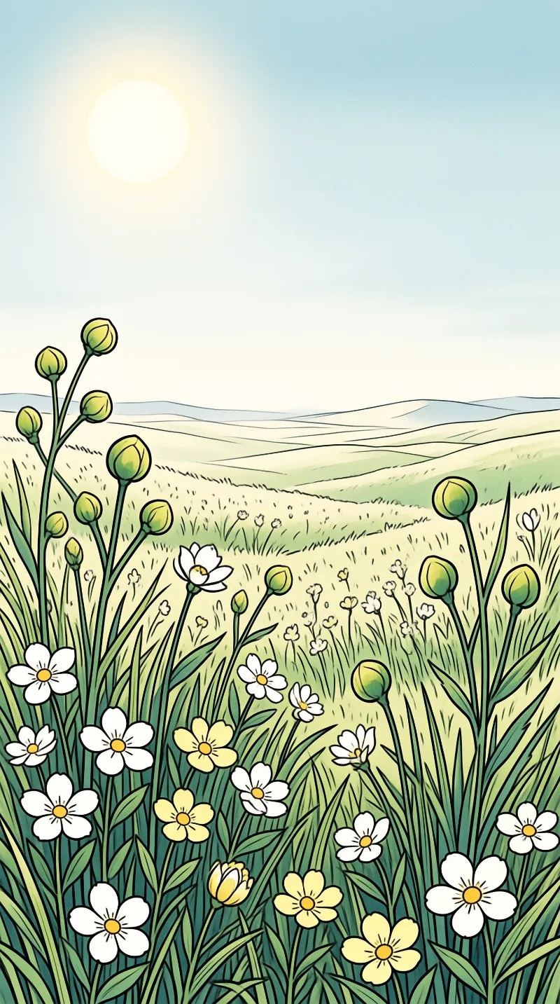 Illustrated field of white and yellow wildflowers with unopened buds stretches toward low rolling hills under a pale light blue sky with a soft bright sun.
