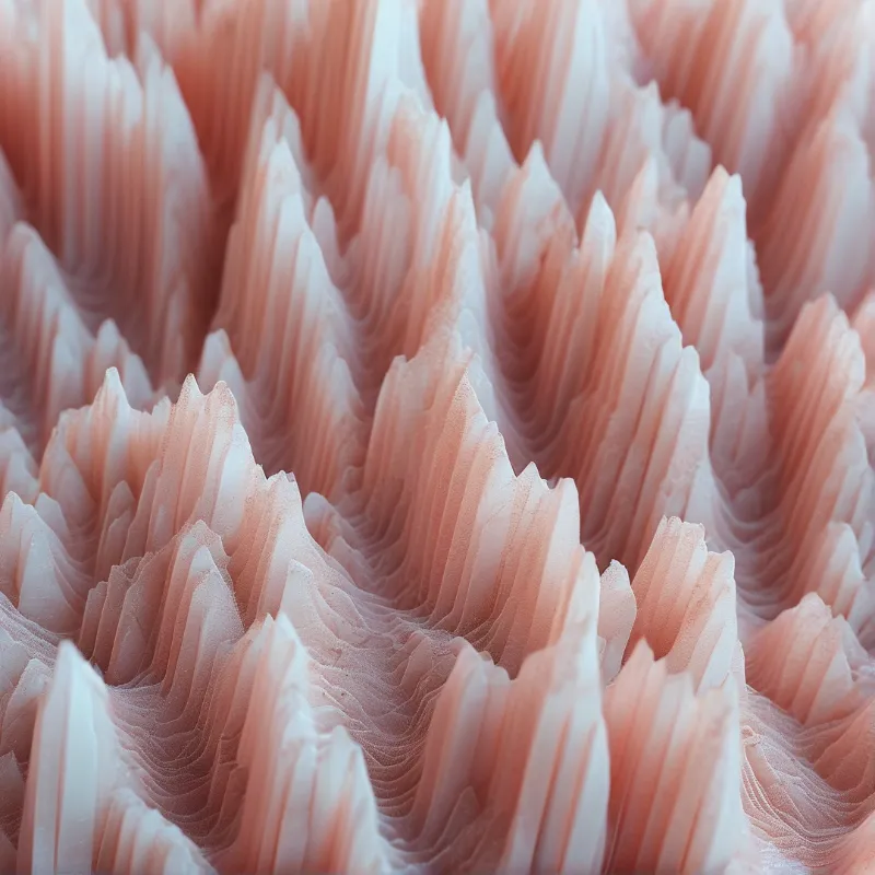 Close-up of layered pink and white ridges resembling coral polyps under gentle diffused illumination.