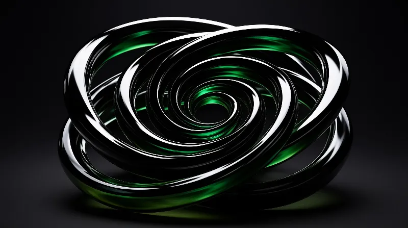A glossy black and green twisted loop structure floats against a dark background with sharp white reflections.