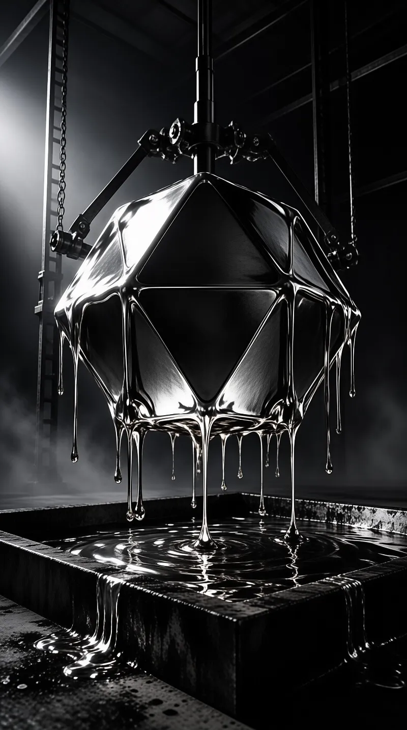 A reflective geometric metal object melts and drips into a pool inside a dark warehouse setting.