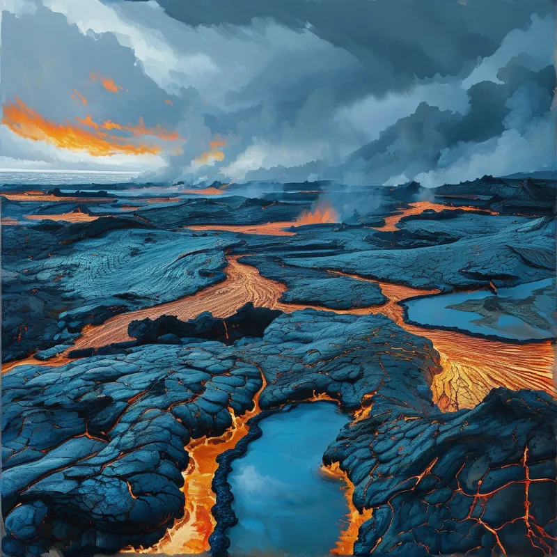 Bright orange magma flows through dark solidified lava fields beneath a dramatic cloudy sky.