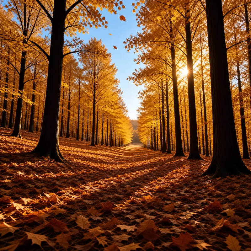 Tall trees with orange leaves line a winding path covered in fallen foliage as bright sunlight shines through the branches.