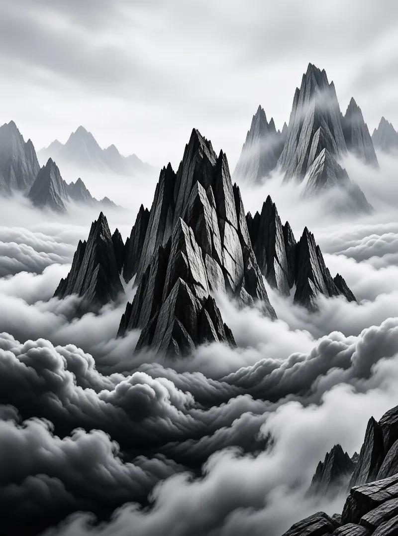 Sharp jagged rock formations pierce through a dense blanket of rolling white clouds in high contrast monochrome.