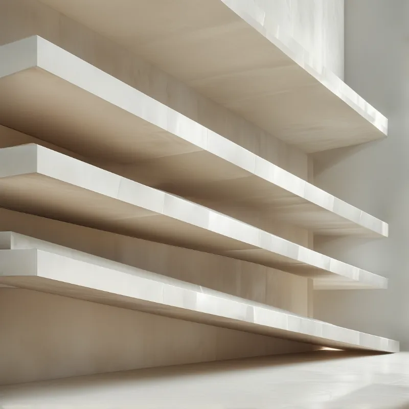 Empty light wood shelves mounted horizontally on a plain wall casting soft shadows beneath each tier.