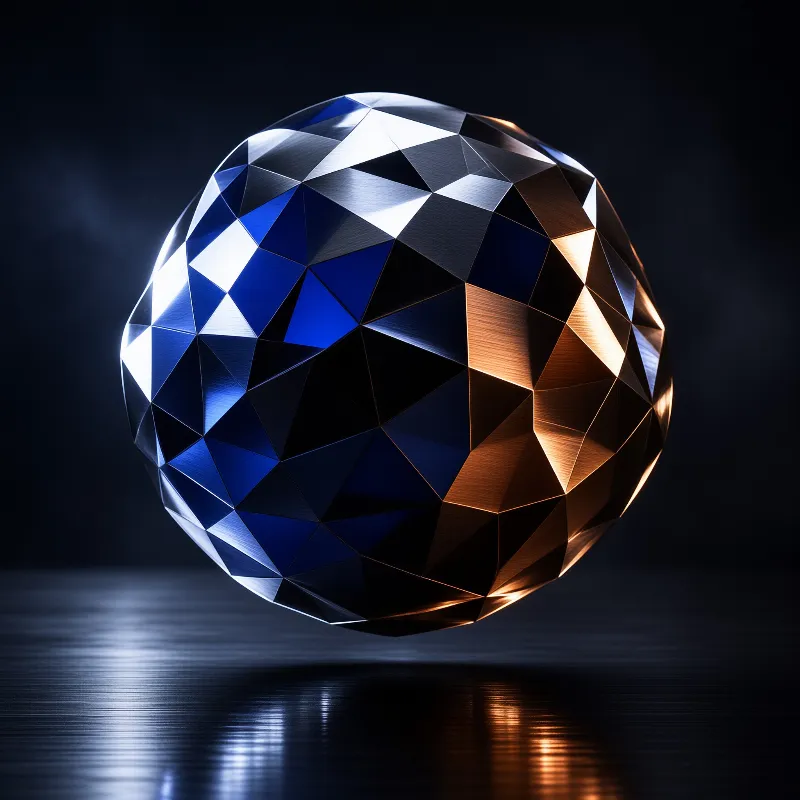 A geometric sphere of triangular metal plates, half cool blue and half warm copper, floats above a dark reflective floor.