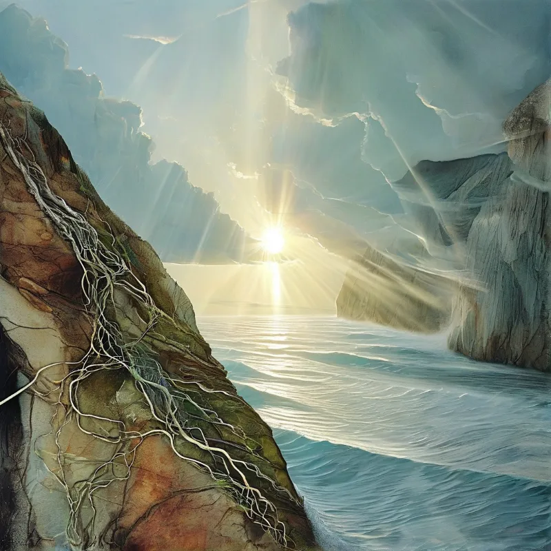 White roots hang from a steep coastal cliff while bright sun rays shine through clouds onto the blue water below.
