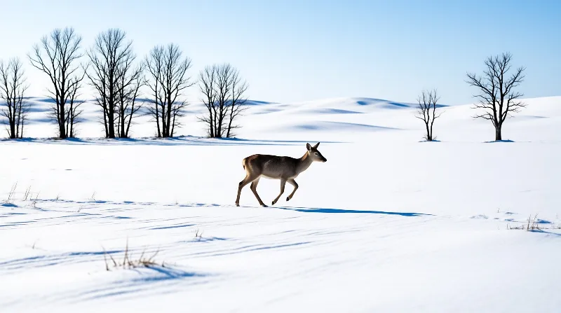 A lone brown deer trots across a white snowy field casting a blue shadow against bright sunlight and leafless trees.