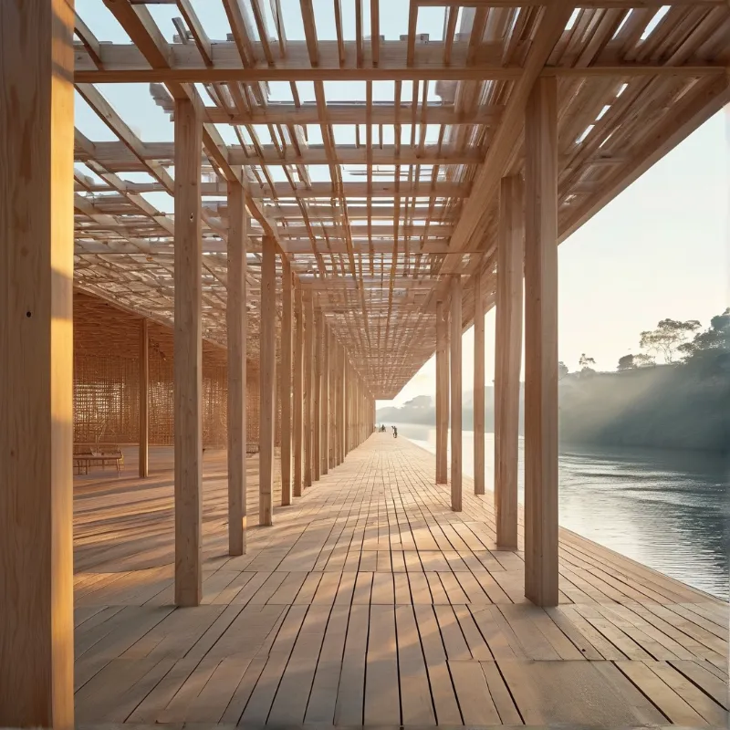 Long wooden walkway with slatted roof extends along misty water surface under warm sunlight.