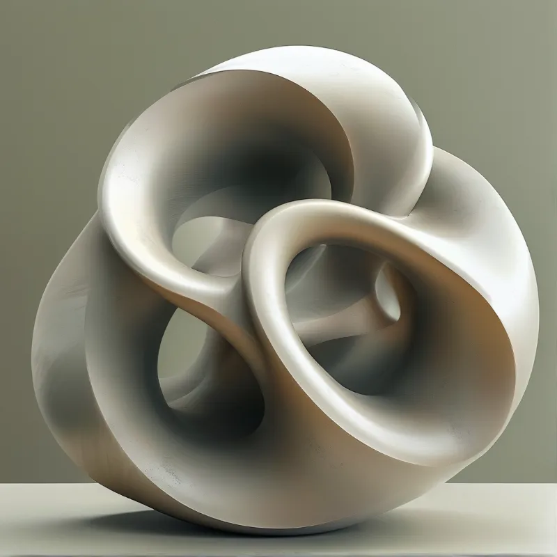 A glossy cream form twists into overlapping hollow loops against a soft grey-green backdrop.