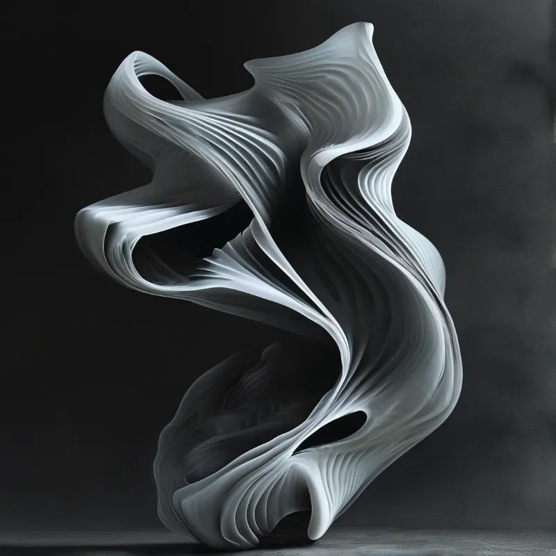 A flowing white abstract sculpture sits against a dark void with dramatic lighting highlighting its curves.
